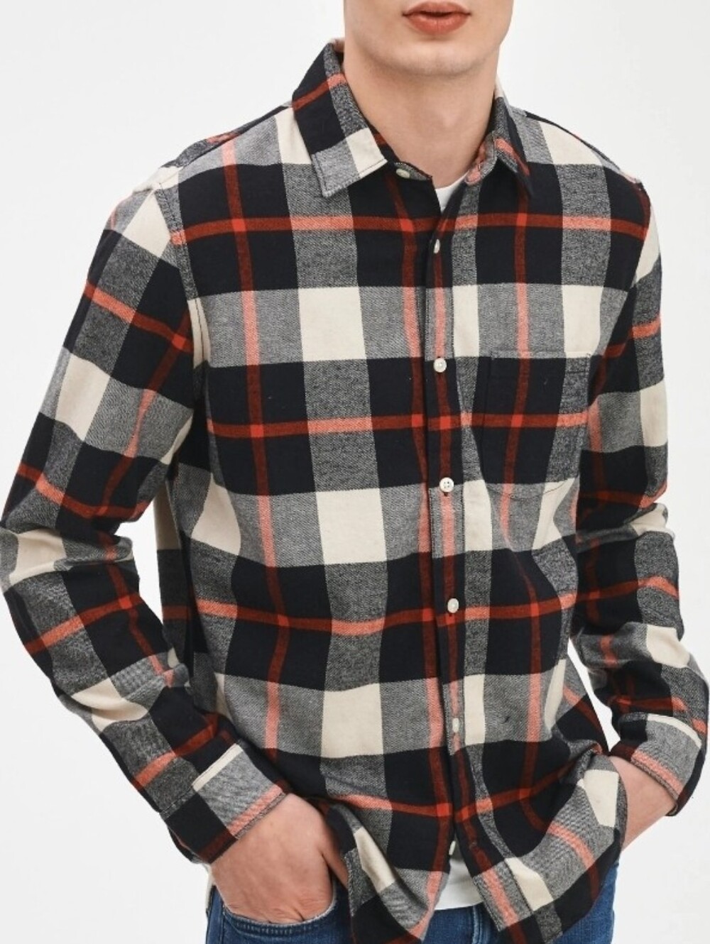 GAP Men's Black, Red, Cream Plaid Button-Down Shirt - 100% Organic Cotton - XL
